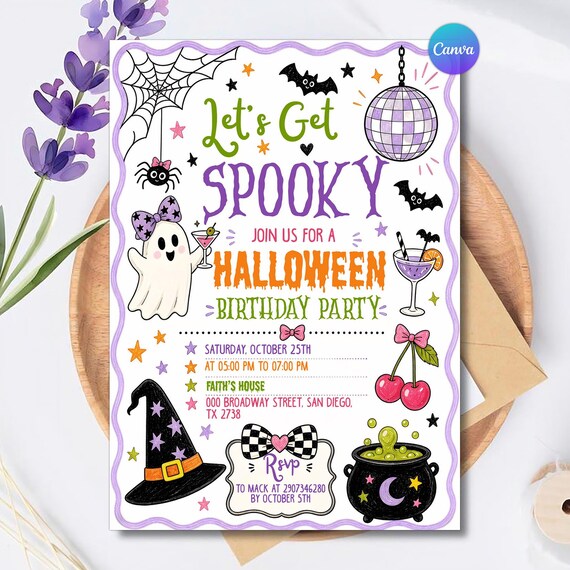 Halloween Birthday Invitation, Let's Get Spooky Party Invite, Halloween Costume Party, Ghost Party Invitation, Editable Canva Template