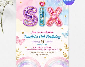 6th Birthday Girl Invitation, Rainbow Sequin SIX Invite, Butterfly Watercolor Gold Glitter Party, 6 Year Old, Editable Canva
