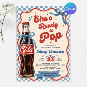 May include: A baby shower invitation card featuring a glass cola bottle with a blue ribbon, set against a blue and white checkered background. The text reads She's Ready to Pop, honoring Nikcy Crakson on Saturday, August 23 at 03:00 PM at The Dream Residence.