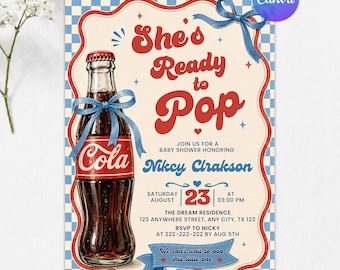 Retro Soda Baby Shower Invitation, Blue Gingham Baby Shower Invite, She’s Ready to Pop Baby Shower Invitation, Editable Canva Template