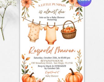 Little Pumpkin Baby Shower Invitation, A Little Pumpkin is on the Way, Autumn Baby Shower Invite, Editable Canva Template