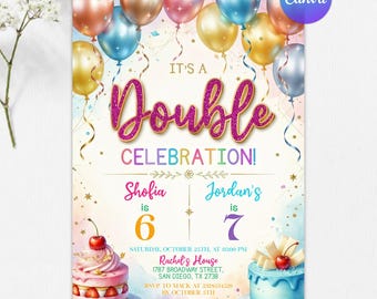 Double Birthday Invitation, Joint Party Invite for Siblings, Twins Birthday Invitation, Boy and Girl Shared Party, Editable Canva Template