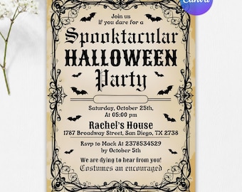 Vintage Halloween Invitation, Halloween Party Invite, Antique Adults Halloween Costume party Invite, Editable Canva Template