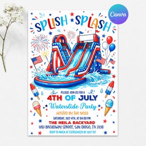 4th of July Waterslide Party Invitation, Independence Day Pool Party Invite, Patriotic Summer Splish Splash, Editable Canva Template