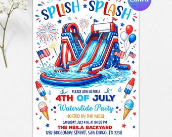 Invitación a fiesta acuática del 4 de julio, invitación a fiesta en la piscina del Día de la Independencia, chapuzón patriótico de verano, plantilla editable de Canva