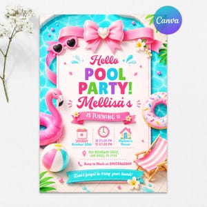 Puede incluir: Una tarjeta de invitación para fiesta en la piscina con un lazo rosa, corazón, flotador de flamenco, flotador de donut, pelota de playa y tumbona. El texto dice: Hello POOL PARTY! Mellisa's IS TURNING 10, sábado 25 de octubre, 17:00 a 19:00.