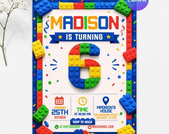 Building Blocks 6th Birthday Invitation, Bricks Party Invite, Colorful Block Birthday Party, Kids Building Theme, Editable Canva Template