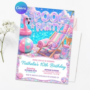 Glitter Invitation,Flamingo Invite,Kids Swim Party,Text Message invite,editable invitation,Invitation Template,Pool Party Invite,Summer Birthday,Pastel Pool Party,Holographic Party,Ice Cream Pool,Beach Theme Party,Summer Splash