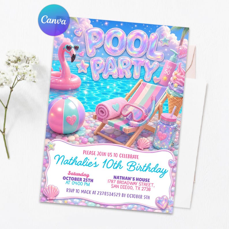 Glitter Invitation,Flamingo Invite,Kids Swim Party,Text Message invite,editable invitation,Invitation Template,Pool Party Invite,Summer Birthday,Pastel Pool Party,Holographic Party,Ice Cream Pool,Beach Theme Party,Summer Splash