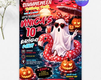 Summerween Birthday Invitation, Spooky Summer Party Invite, Halloween Pool Birthday Party, Editable Canva Template