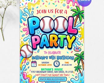 Baseball Drip Pool Party Invitation, Swimming Birthday Invite, Ice cream Drip Party Invite, Girls Boys Invitation, Editable Canva Template