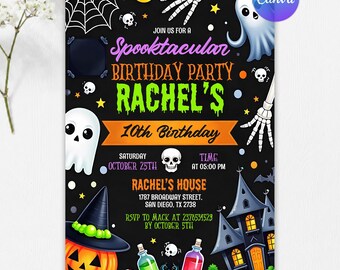 Spooky Halloween Birthday Invitation, Ghost Pumpkin Haunted House Party Invite, Editable Canva Template