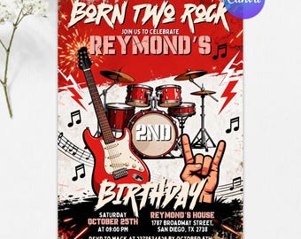 Editable Born Two Rock Birthday Invitation, Rock Star Guitar Party, Punk Rock 2nd Birthday, Music Festival Invite, Instant Download