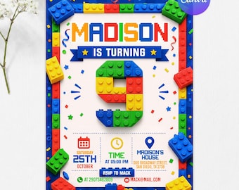 Building Blocks 9th Birthday Invitation, Bricks Party Invite, Colorful Block Birthday Party, Kids Building Theme, Editable Canva Template