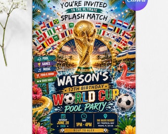 FIFA World Cup Pool Party Invitation, Soccer Birthday Invite, Sports Theme Invitation, Summer Birthday Party, Editable Canva Template
