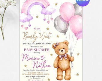 Boho Bear Baby Shower Invitation, Pink Girl Baby Shower Invite, We Can Bearly Wait Baby Shower Invitation, Editable Canva Template
