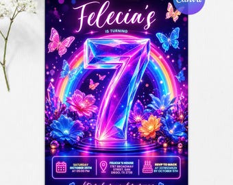 7th Birthday Invitation, Girl 7th Birthday Party Invite, Rainbow Seventh Birthday Party, Butterfly Invitation, Editable Canva Template