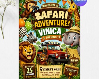 Safari Adventure Birthday Invitation, Jungle Explorer Party Invite, Wild Animal Camping Invitation, Editable Canva Template
