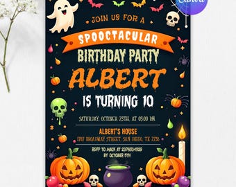 Halloween Birthday Invitation, Spooky Costume Party Invite, Halloween Birthday Party, Kids Invitation, Editable Canva Template