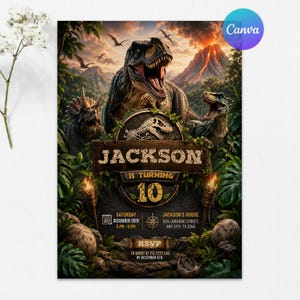 Dinosaur Birthday Invitation, Dinosaur World Party Invite, T-Rex Birthday Party, Jurassic Any Age, Editable Canva Template