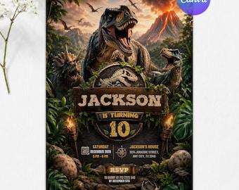 Dinosaur Birthday Invitation, Dinosaur World Party Invite, T-Rex Birthday Party, Jurassic Any Age, Editable Canva Template