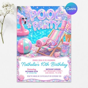 Faire-part d'anniversaire au bord de la piscine, invitation à une fête de baignade estivale avec paillettes pastel pour filles, invitation holographique au bord de la piscine, modèle de toile modifiable