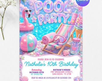 Pool Birthday Invitation, Pastel Glitter Summer Swim Party Invite for Girls, Holographic Pool Invitation, Editable Canva Template