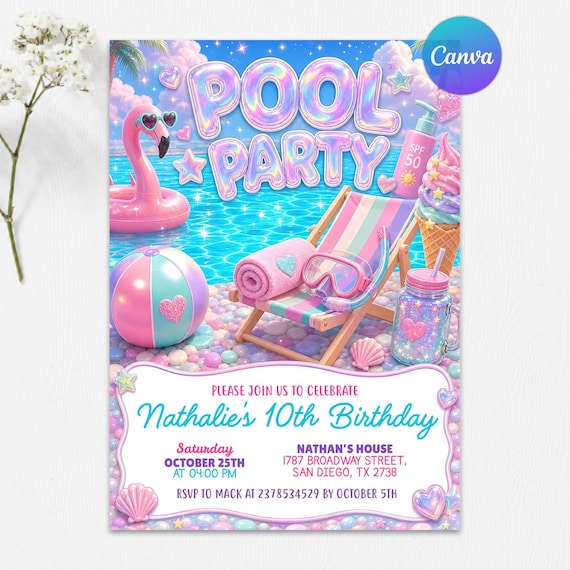 Pool Birthday Invitation, Pastel Glitter Summer Swim Party Invite for Girls, Holographic Pool Invitation, Editable Canva Template