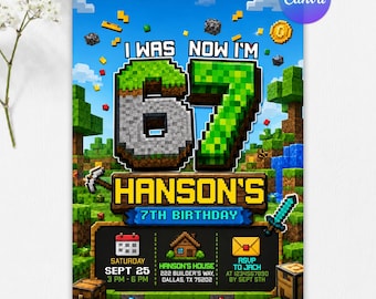 Six Seven Birthday Invitation, 7th Pixel Block Party Invite, Gamer Birthday Party, I Was 6 Now I’m 7, Editable Canva Template