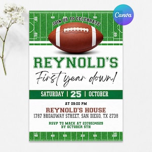 First Year Down Birthday Invitation, Boy Sports Party Invite, American Football Invitation, Editable Canva Template