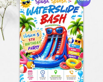 Water Slide Birthday Invitation, Summer Pool Party Invite, Waterslide Bash, Splash Party Invitation, Editable Canva Template