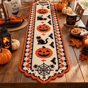 Peut inclure: Un chemin de table en crochet rectangulaire avec un centre crème orné de citrouilles d'Halloween orange, de chats noirs et de toiles d'araignées. La bordure présente des motifs floraux alternant les couleurs orange, noir et blanc.