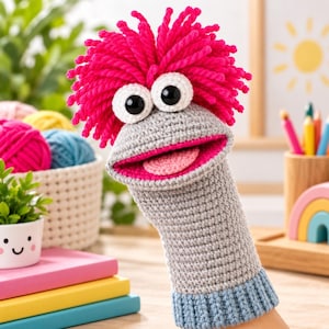 May include: A hand puppet made of gray crocheted yarn featuring a vibrant shock of bright pink yarn hair, large white eyes with black pupils, and an open mouth with a pink tongue. The base of the puppet has a light blue ribbed cuff detail.