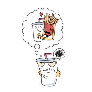 May include: Cartoon illustration of a white milkshake with an angry expression, holding its arms out. A thought bubble shows a milkshake and a french fry carton embracing, with a heart above them. Another thought bubble shows a tangled scribble.