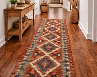 Boho Southwestern Runner Rug | Tribal Geometric Hallway Carpet | Rustic Vintage Style Floor Runner | Aztec Pattern Entryway Rug Custom Rug