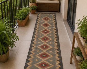 Ręcznie tkany wełniany dywanik z juty, Kilim, nowoczesny geometryczny wzór, dywan Dhurrie, dywanik w stylu południowo-zachodnim, dywan na wymiar