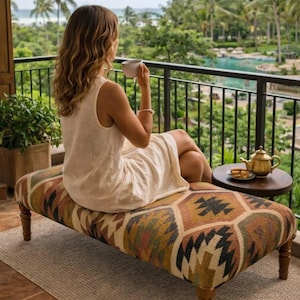 Panca/pouf in iuta e lana Kilim tessuta a mano, stile boho, ideale per ingresso e comodino / Seduta imbottita in stile rustico/casa di campagna / Mobili indiani fatti a mano