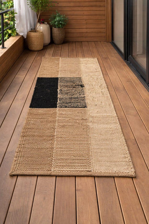 Neutral Patchwork Runner Rug, Handmade Jute Cotton Rug, Beige Black Minimalist Rug, Flatweave Boho Runner, Rustic Hallway Floor Mat