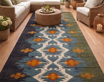 Handwoven Kilim Runner Rug, Wool Jute Runner, Boho Hallway Rug, Geometric Indian Rug, Custom Size Stair Runner, Farmhouse Entryway Rug
