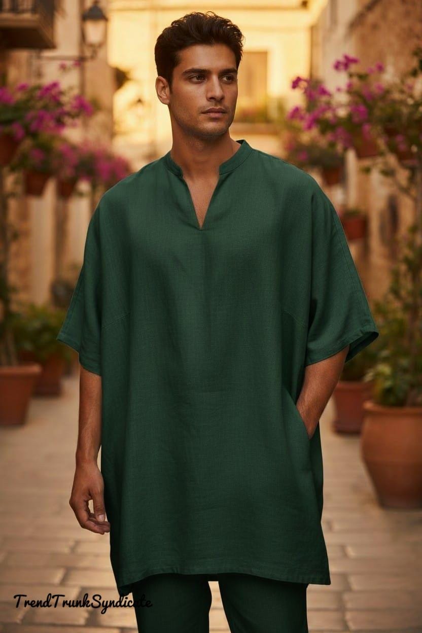 Men Linen Kaftan Dark Green - Festivals & Cultural Events Wear - Casual Daily Wear