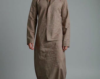 Caftán de lino beige para hombre - Vestido tipo túnica de manga larga - Caftán moderno para hombre