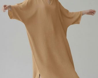 Beige Double Gauze Cotton Kaftan Dress - Loose Boho Wardrobe - Plus Size Lounge Dress - Resorts