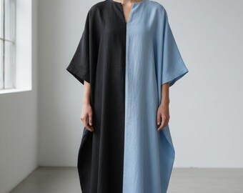 Dwukolorowy damski kaftan w kolorze czarno-niebieskim, luźna sukienka kaftan, luźny lniany kaftan
