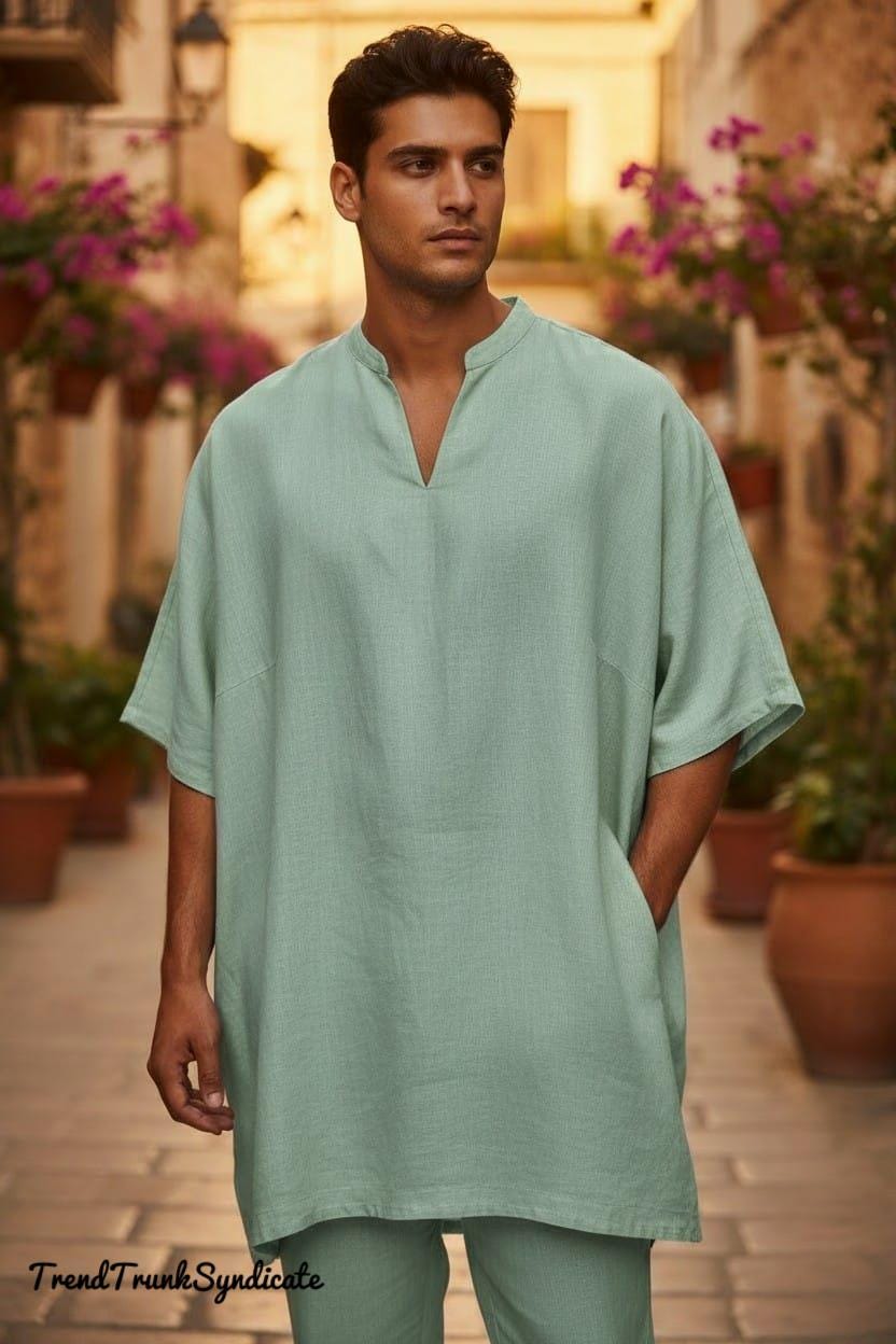 Men Short Kaftan Kurta Linen, Casual Loose Shirt, Summer Streetwear Style - PISTA GREEN