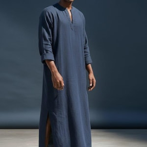 Kaftano lungo da uomo in lino - Thobe in lino europeo - Caftano in lino blu navy da uomo
