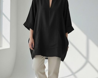 Etniczny czarny lniany kaftan damski | Luźna sukienka-tunika | Luźny krój boho kaftan