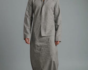 Mens Linen Kaftan - Light Grey LINEN Caftan Robe Thobe for Man