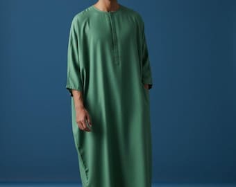 Men's Deep Forest Green Hidden Button 3/4 Sleeve Long Loose fit Pure Linen Thobe