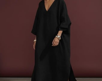 Black Linen Kaftan Dress – Loose Boho Maxi Caftan, Summer Beach Cover Up, Plus Size
