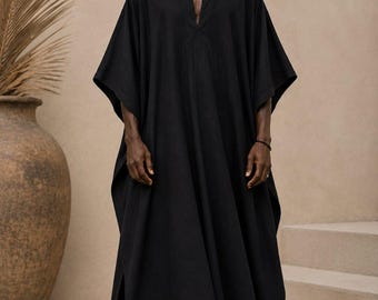 Afrykański kaftan z podwójnej gazy bawełnianej | Czarny, obszerny szlafrok kaftan | Oddychający strój plażowy | Luźny